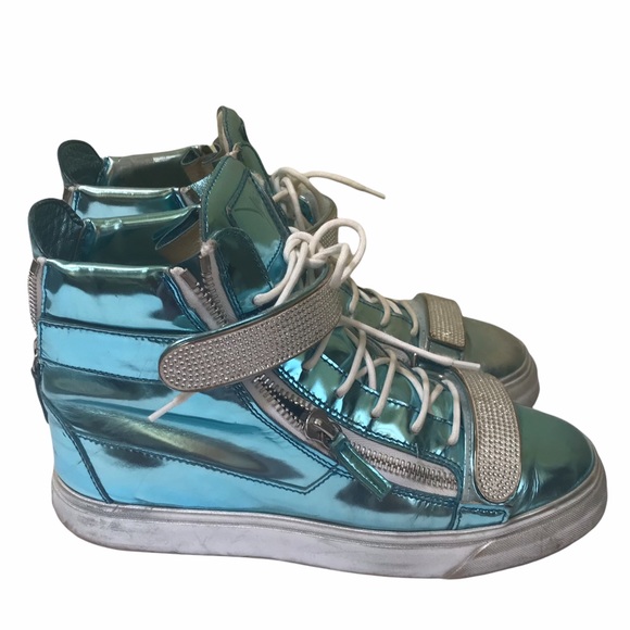 Giuseppe Zanotti Donna Metallic Patent Leather High Top Sneakers Shoes Crystals - Picture 3 of 17